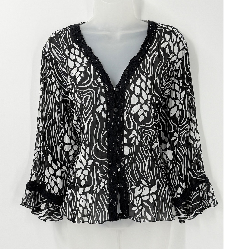 vtg y2k Dressbarn Blouse Womens XL Black White Whimsigoth Witchy Goth Lace Trim